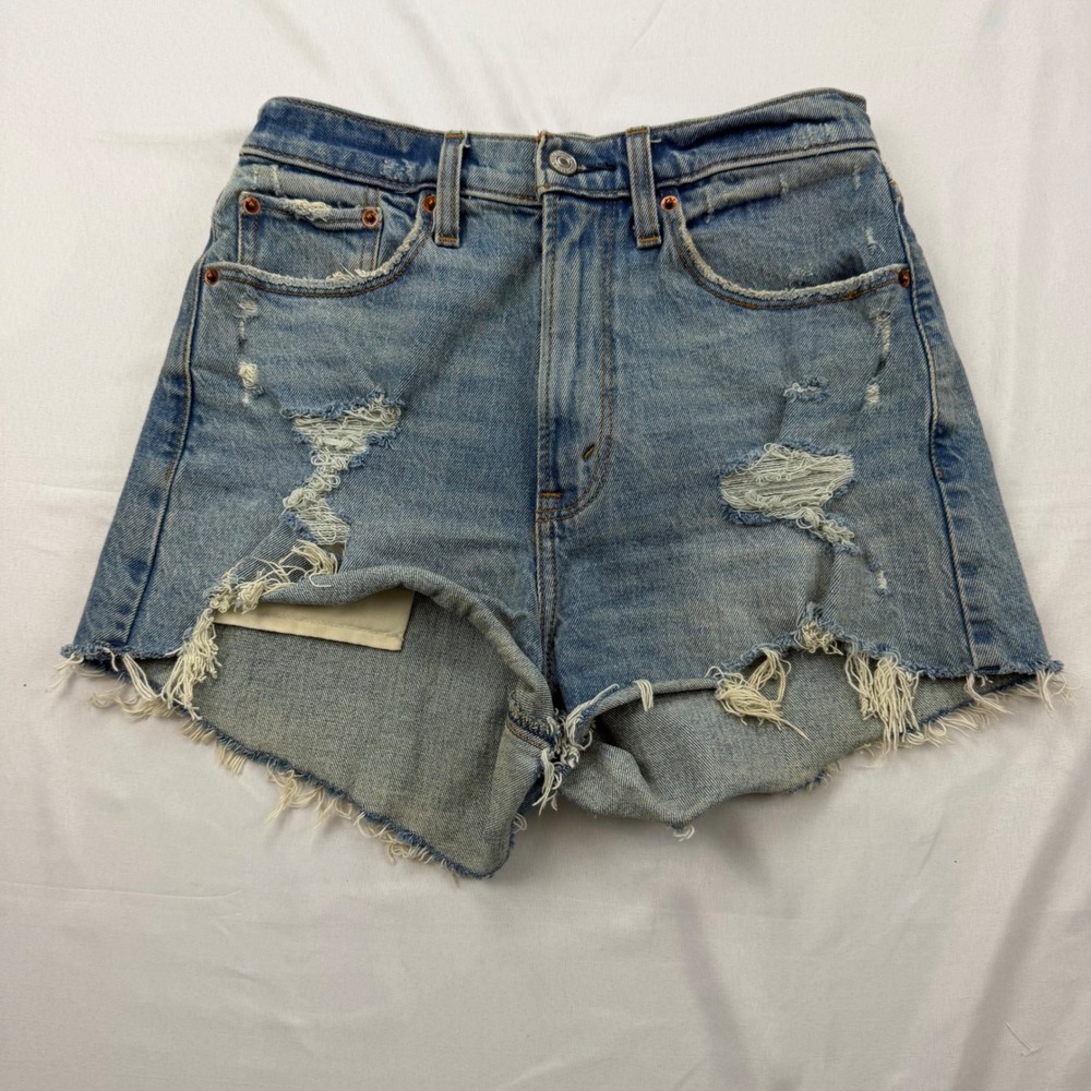 Abercrombie & Fitch High Rise Mom Short Women 2 Blue Curve Love Distressed Denim